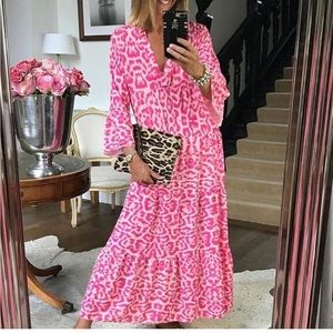 Pink Leopard Print Maxi Dress With Sleeves